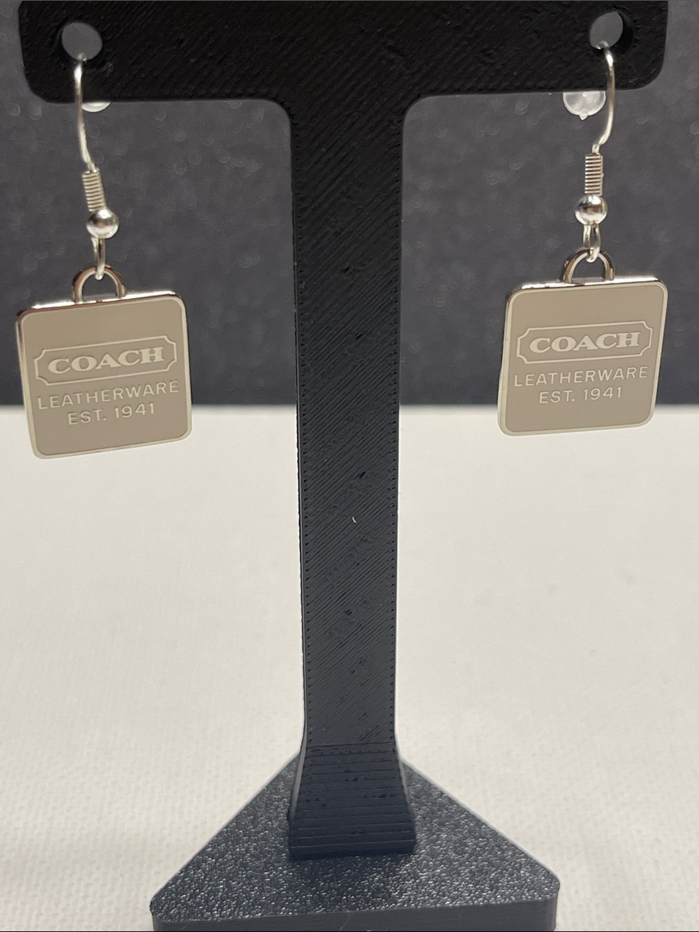 Coach Silver-Toned Square Leatherware Dangle Earrings with 925 Sterling Posts